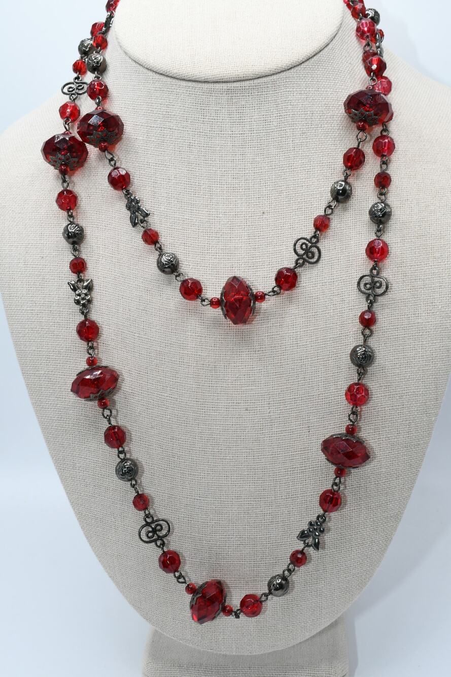 Vintage Red Beaded Necklace Czech Glass Lucite Gunmetal 40 Inch
